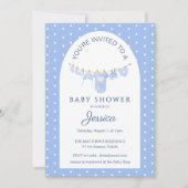 Blue Polka Dots Hanging Clothes Baby Shower Kaart (Voorkant)