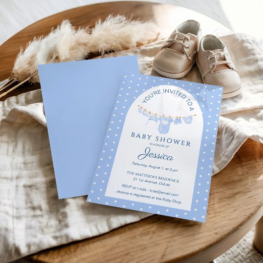 Blue Polka Dots Hanging Clothes Baby Shower Kaart