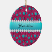 Blue Polka Dots Hot Pink Faux Diamonds Keramisch Ornament (Rechts)