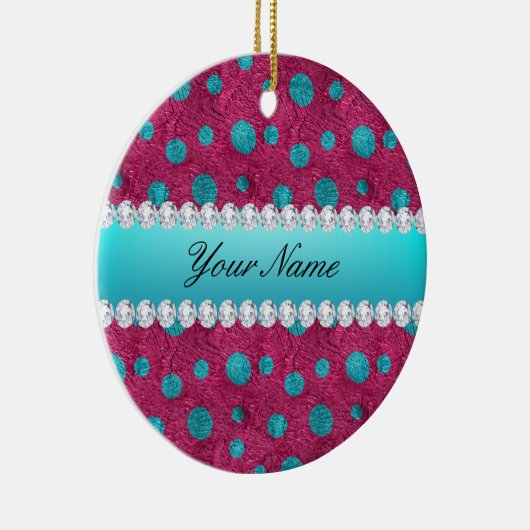 Blue Polka Dots Hot Pink Faux Diamonds Keramisch Ornament (Rechts)