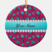Blue Polka Dots Hot Pink Faux Diamonds Keramisch Ornament (Voorkant)