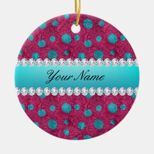 Blue Polka Dots Hot Pink Faux Diamonds Keramisch Ornament (Voorkant)