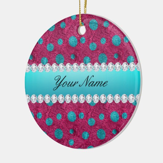 Blue Polka Dots Hot Pink Faux Diamonds Keramisch Ornament (Links)
