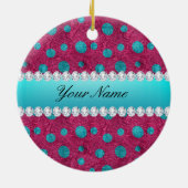 Blue Polka Dots Hot Pink Faux Diamonds Keramisch Ornament (Achterkant)