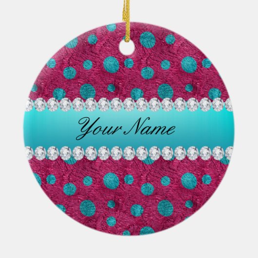 Blue Polka Dots Hot Pink Faux Diamonds Keramisch Ornament (Achterkant)