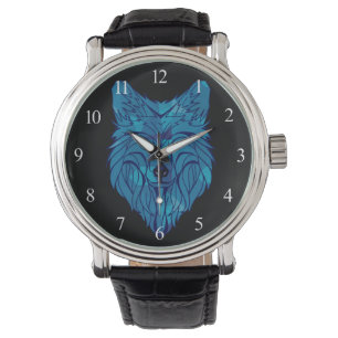 Blue Poly Wolf Head Horloge