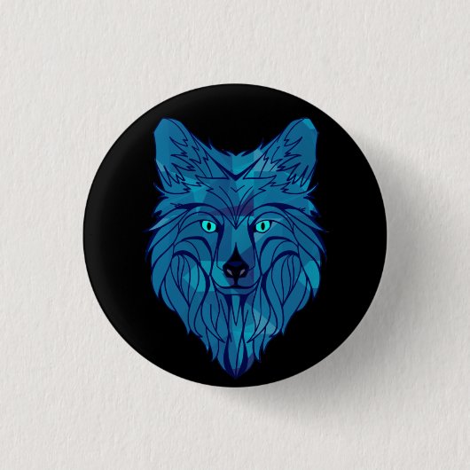 Blue Poly Wolf Head Ronde Button 3,2 Cm (Voorkant)