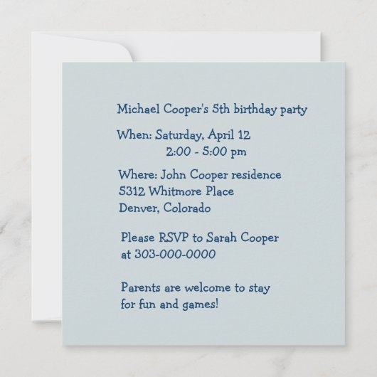 Blue Pony Child Birthday Party Invitation Kaart (Achterkant)