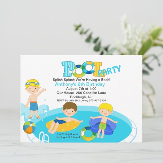 Blue Pool Party All Boys Birthday Uitnodiging (Staand voorkant)