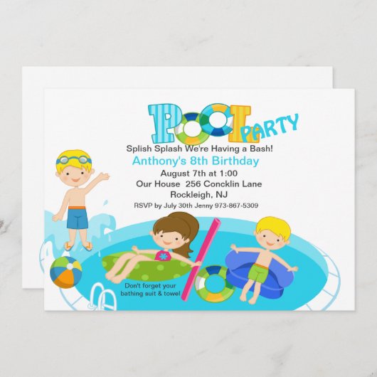 Blue Pool Party Birthday Invitation Kaart (Voorkant / Achterkant)
