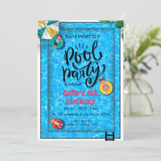 Blue Pool Party Verjaardag Kaart (Staand voorkant)