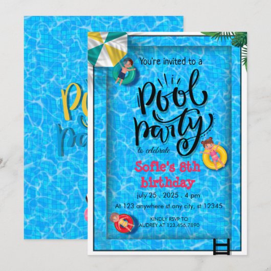 Blue Pool Party Verjaardag Kaart (Voorkant / Achterkant)