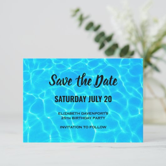 Blue Pool Water Photo Birthday Save The Date (Staand voorkant)