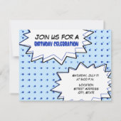 Blue Pop Art Birthday Party Invitation Kaart (Achterkant)