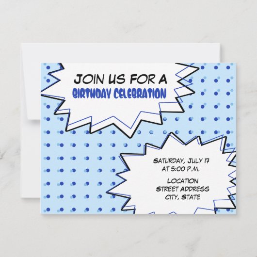 Blue Pop Art Birthday Party Invitation Kaart (Achterkant)