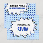 Blue Pop Art Birthday Party Invitation Kaart (Voorkant / Achterkant)