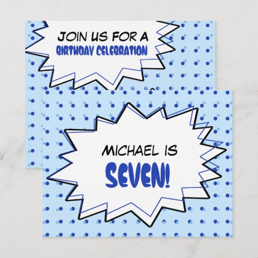 Blue Pop Art Birthday Party Invitation Kaart (Voorkant / Achterkant)