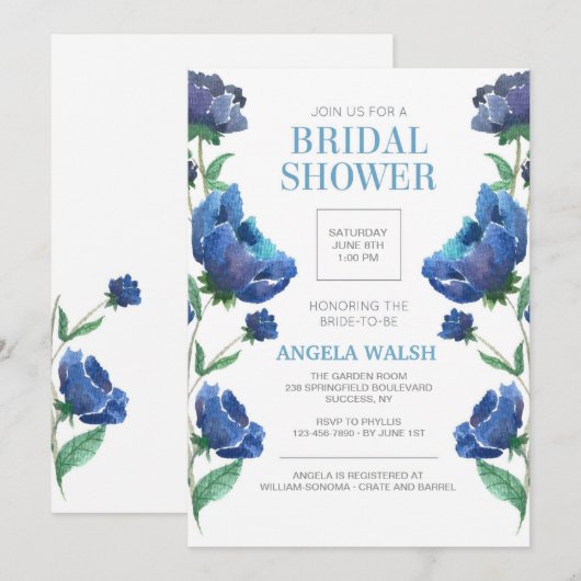 Blue Poppies Bridal Shower-uitnodiging Kaart (Voorkant / Achterkant)