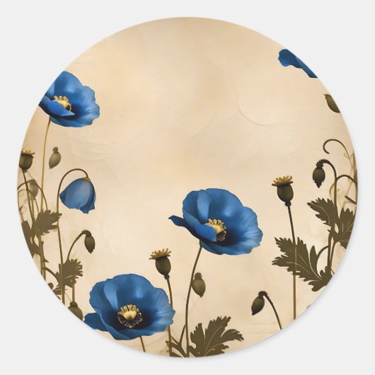  Blue Poppy op verouderd perkament Ronde Sticker (Voorkant)