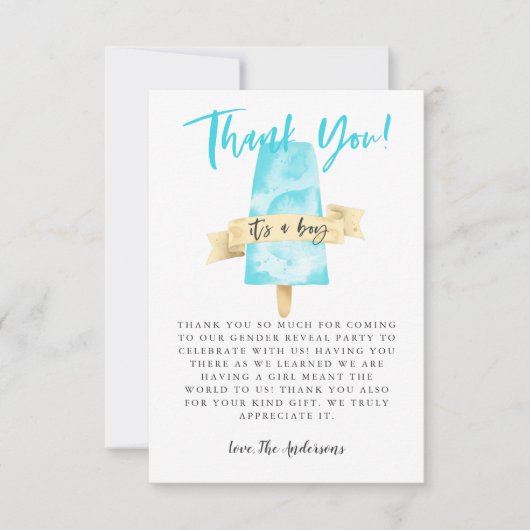 Blue Popsicle Jongen Geslacht Onthullen Partij Bedankkaart (Voorkant)