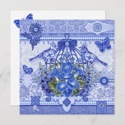 Blue Porcelain Birds and Birdcage Kaart (Voorkant / Achterkant)