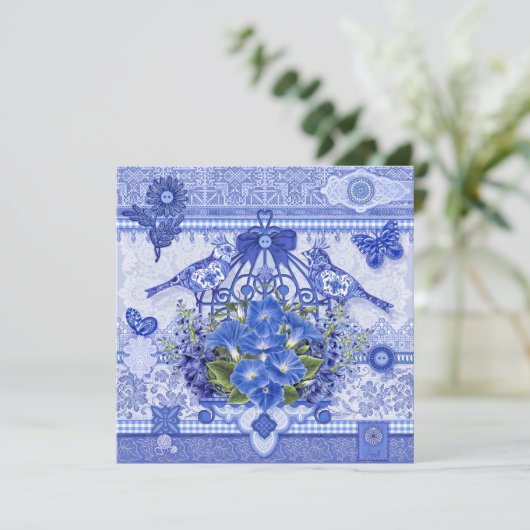 Blue Porcelain Birds and Birdcage Kaart (Staand voorkant)