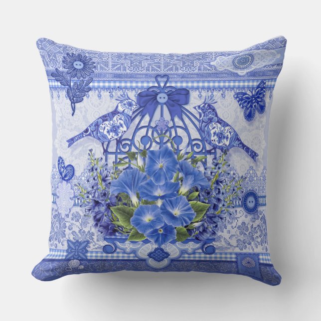 Blue Porcelain Birds and Birdcage Kussen (Voorkant)