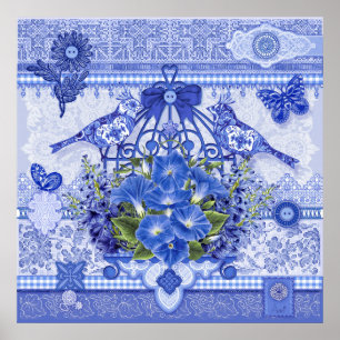 Blue Porcelain Birds and Birdcage Poster