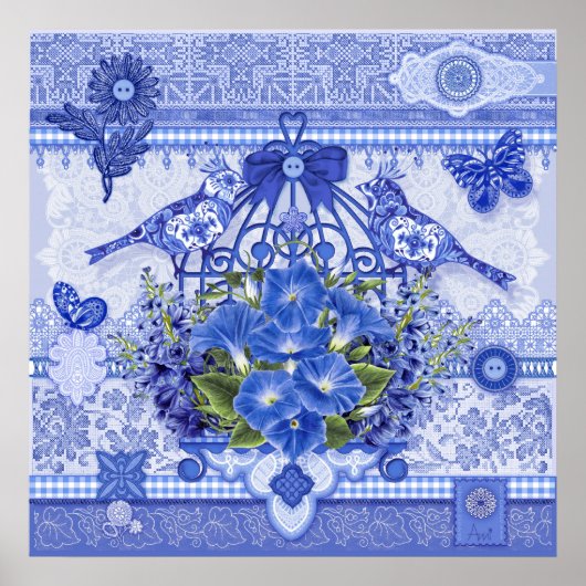 Blue Porcelain Birds and Birdcage Poster (Voorkant)