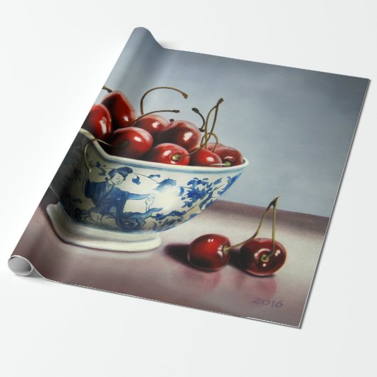Blue Porcelain & Cherries Cadeaupapier (Uitgerold)