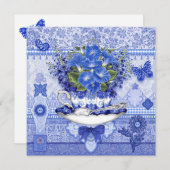 Blue Porcelain Cup and Flowers Card Feestdagenkaart (Voorkant / Achterkant)