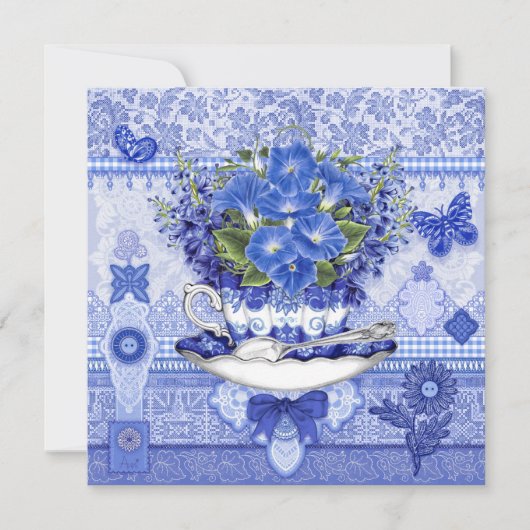 Blue Porcelain Cup and Flowers Card Feestdagenkaart (Voorkant)