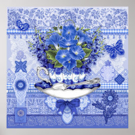Blue Porcelain Cup en Flowers Poster