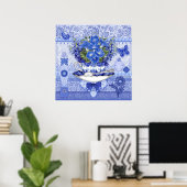 Blue Porcelain Cup en Flowers Poster (Thuiskantoor)