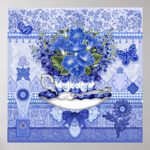 Blue Porcelain Cup en Flowers Poster