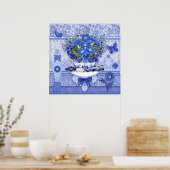 Blue Porcelain Cup en Flowers Poster (Keuken)
