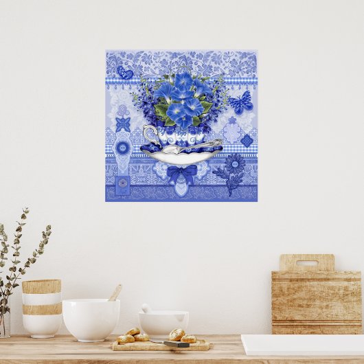 Blue Porcelain Cup en Flowers Poster (Keuken)