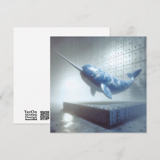 Blue Porcelain Narwhal Wenskaart Notitiekaartje (Voorkant / Achterkant)