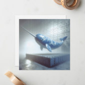 Blue Porcelain Narwhal Wenskaart Notitiekaartje (Voorkant / Achterkant in situ)