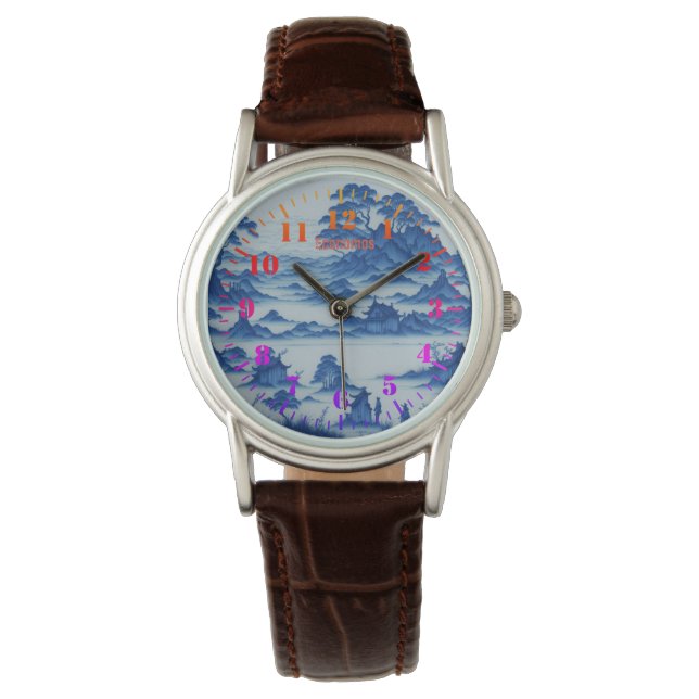 Blue Porcelain Style Custom Dial Watch Horloge (Voorkant)