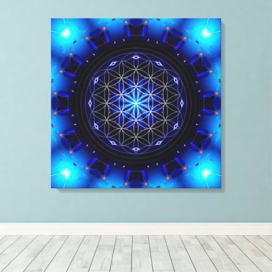 blue power mandala with flower of life canvas afdruk (Insitu (Houten vloer))