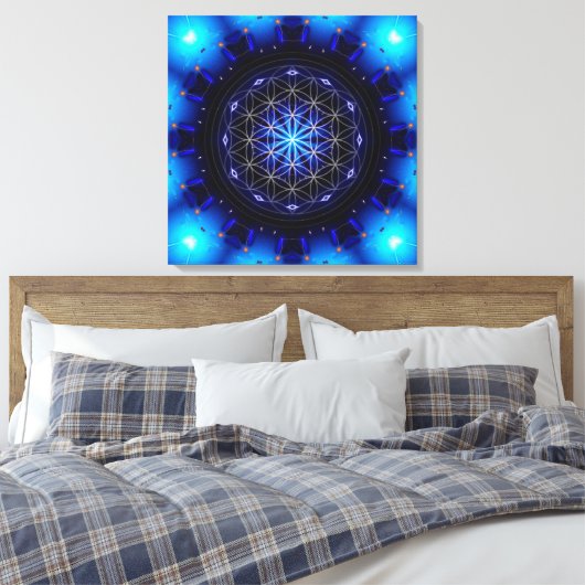 blue power mandala with flower of life canvas afdruk (Insitu (Slaapkamer))