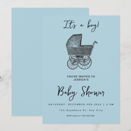 Blue  Pram Stroller Baby Boy Shower Kaart (Voorkant / Achterkant)