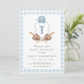 Blue Preppy Baseball Crest Baby Shower Invitation Bedankkaart (Staand voorkant)