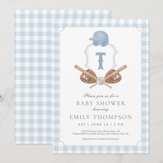 Blue Preppy Baseball Crest Baby Shower Invitation Bedankkaart (Voorkant / Achterkant)