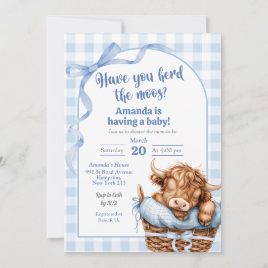 Blue Preppy Gingham Koe Baby shower Kaart (Voorkant)