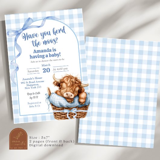 Blue Preppy Gingham Koe Baby shower Kaart