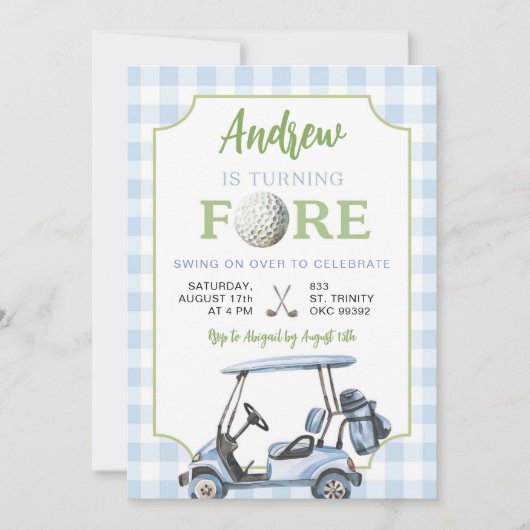 Blue Preppy Golf Boy 4e verjaardag uitnodiging (Voorkant)