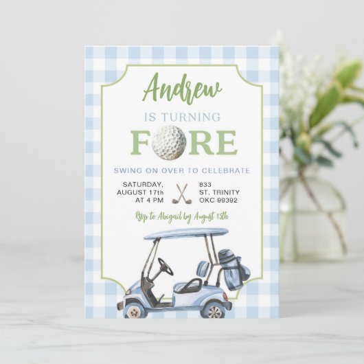 Blue Preppy Golf Boy 4e verjaardag uitnodiging (Staand voorkant)