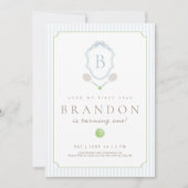Blue Preppy Tennis Crest 1st Birthday invite Bedankkaart (Voorkant)